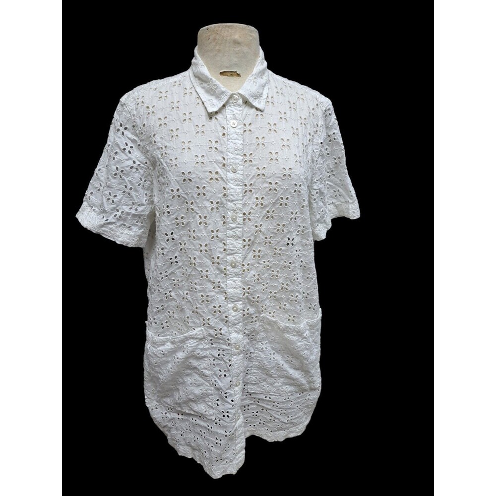 GAP Eyelet Button Front Shirt Dress Women L Collared White No Slip Coastal Boho